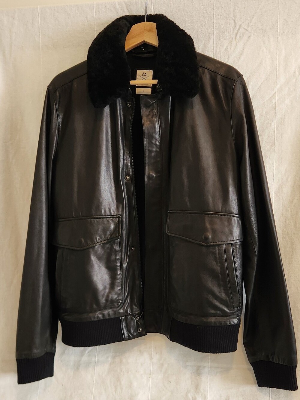 GAP Men's Genuine Black Leather Bomber Jacket with Black Shearling Collar